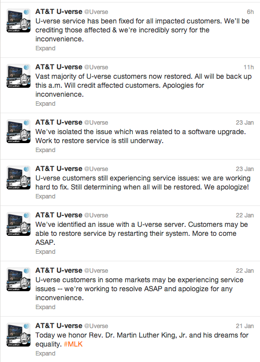 AT&T U-verse Twitter stream during network outage was poor to weak at best