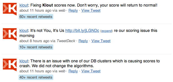 Klout Twitter messages about scoring problem