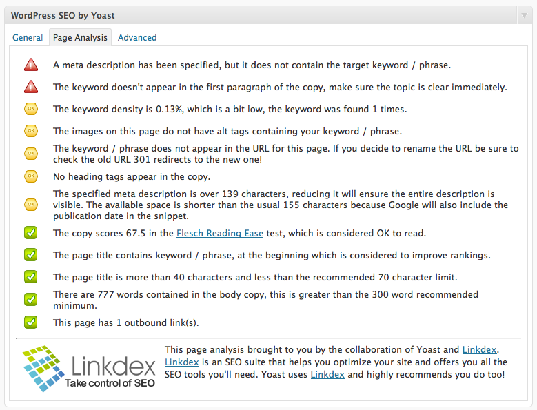 Yoast Wordpress SEO Page Analysis with Linkdex